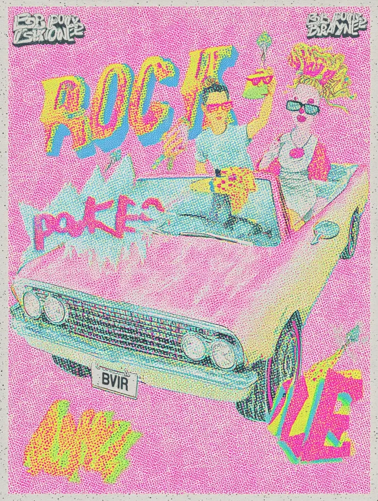 A vibrant, stylized artwork depicts a pink classic car cruising with two passengers.  The car is rendered in a halftone style, creating a retro feel.  Bold, graffiti-like lettering spells "ROCK" and "LOVE," framing the central image. The passengers are cartoonish and brightly colored, contributing to the overall playful and energetic aesthetic.  The piece has a distinctly pop art influence.