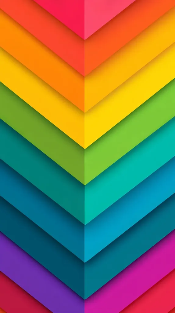 A vibrant abstract image features a series of layered, angled rectangles in a spectrum of colors, from red at the top to a deep magenta at the bottom.  The colors transition smoothly through orange, yellow, green, teal, and purple, creating a visually striking, chevron-like pattern.  The layers overlap, creating a three-dimensional effect.  The overall impression is one of bright, bold color and geometric design.