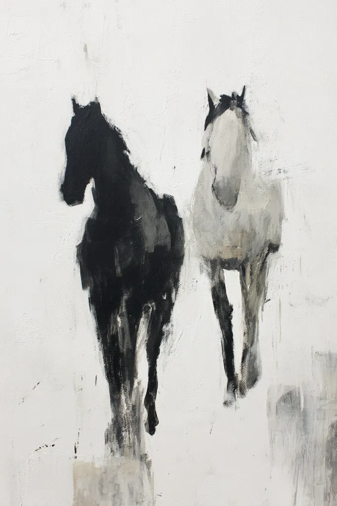 An abstract painting depicts two horses, one dark and one light, standing side-by-side against a white background.  The artist uses loose brushstrokes and a minimalist palette of black, white, and grey to create a sense of movement and atmosphere. The horses' forms are suggested rather than meticulously detailed, emphasizing their overall presence and posture. The textured white background adds depth and contributes to the painting's expressive quality.