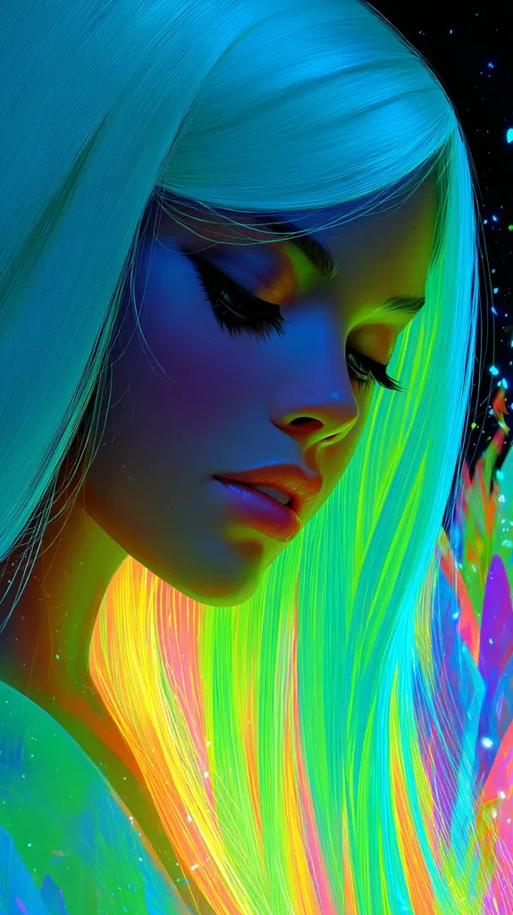 A vibrant digital artwork depicts a woman with long, flowing neon-colored hair.  The hair's hues shift from bright teal to lime green and yellow, creating a dynamic, almost liquid effect. Her face is softly lit, her eyes closed, suggesting a serene or pensive mood.  The overall aesthetic is surreal and otherworldly, with a focus on bold, contrasting colors and flowing lines.