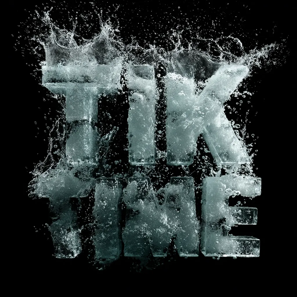 The words "IT'S TIME" are sculpted from ice blocks submerged in water.  Water splashes dramatically around the frozen letters against a black background.  The image conveys a sense of urgency and the fleeting nature of time, emphasized by the melting ice and dynamic water movement.