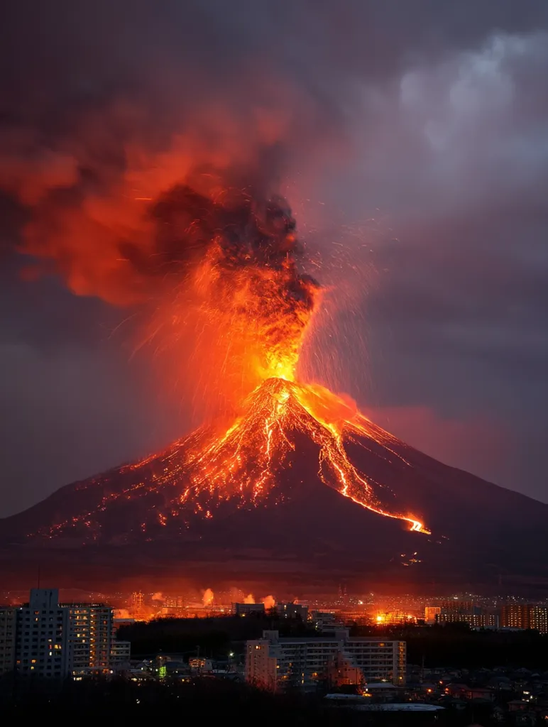 A dramatic nighttime eruption of a volcano illuminates the sky with fiery orange and red hues.  Molten lava flows down the mountainside, creating a breathtaking yet terrifying spectacle.  A city is visible in the foreground, silhouetted against the fiery backdrop, highlighting the volcano's proximity to human settlements.  Dark clouds of ash billow into the atmosphere, adding to the intensity of the scene.
