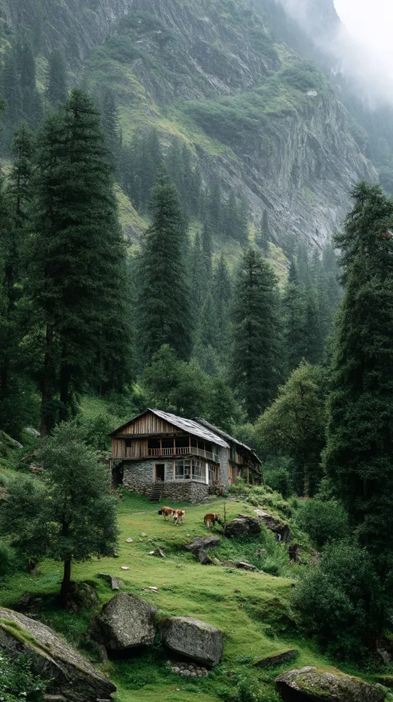 A rustic stone and wood house nestled in a lush green valley, surrounded by towering evergreen trees and a misty mountain backdrop.  A few cows graze peacefully in the meadow before the house.  Large boulders are scattered across the vibrant green hillside, adding to the serene and secluded atmosphere of this idyllic mountain setting.