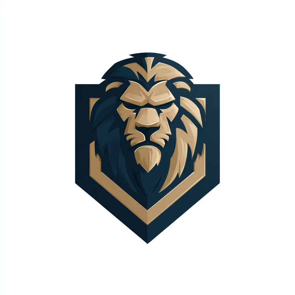 A stylized logo features a lion's head, rendered in shades of gold and brown, set against a dark blue, shield-shaped background.  The lion's expression is serious and powerful, conveying strength and majesty. The design is bold and graphic, suitable for a team emblem or corporate branding. The combination of colors creates a sense of prestige and authority.