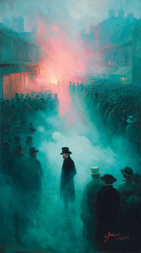 A painting depicting a dimly lit city street scene shrouded in fog. A large crowd of people, mostly men in dark clothing and top hats, fills the street. In the center, a lone figure stands, silhouetted against a fiery glow in the background. The atmosphere is mysterious and evocative, with the fog adding to the sense of unease. The painting's teal and pink color palette creates a dramatic contrast.