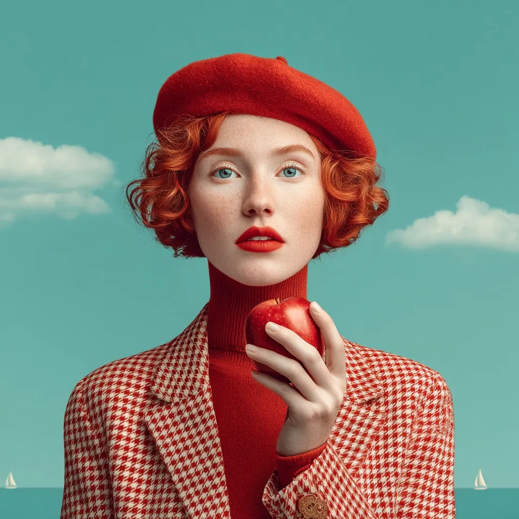 A young woman with vibrant red hair, styled in loose curls, wears a matching red beret and houndstooth jacket.  Her turtleneck sweater and a single red apple she holds complete the monochromatic red palette.  The serene backdrop features a teal sky, fluffy white clouds, and distant sailboats, creating a visually striking and artistic portrait.