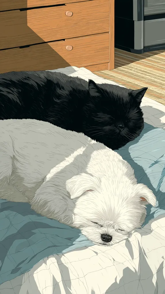 A black cat and a white fluffy dog sleep soundly together on a bed.  Sunlight streams in from a window, illuminating the scene. The animals are curled up, resting peacefully on a light blue blanket. A wooden dresser is visible in the background, adding to the cozy, domestic atmosphere.  The style is clean and minimalist.