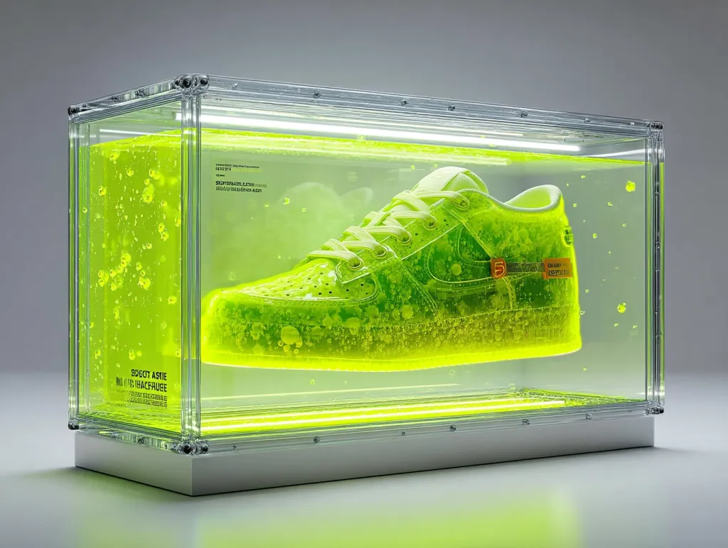 A neon-green Nike Air Force 1 sneaker is submerged in a vibrant yellow liquid within a clear acrylic display case.  The liquid is filled with small bubbles, creating a visually striking effect. The case sits on a white base, and features minimal text labeling. The overall presentation is modern and artistic, highlighting the shoe as a collectible item.