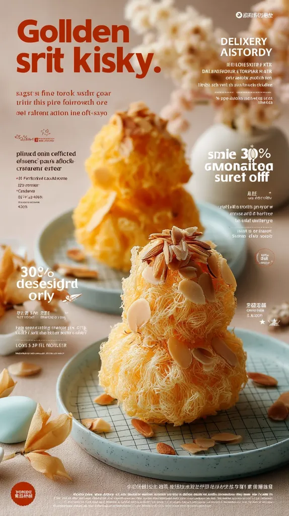 A delectable dessert, "Gollden srit kisky," is showcased.  It features a fluffy, golden-yellow confection, possibly spun sugar, adorned with sliced almonds.  The image emphasizes a 30% discount.  The text includes seemingly nonsensical words, possibly a branding element or playful marketing strategy. The overall aesthetic is clean and visually appealing.