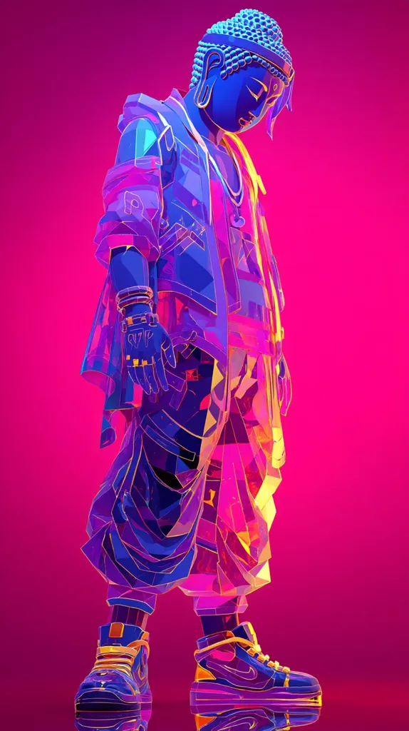 A vibrant digital artwork depicts a Buddha figure rendered in a futuristic, low-poly style.  Clad in a colorful, geometrically patterned outfit resembling streetwear, the Buddha is presented against a bold magenta background.  The artwork contrasts traditional spiritual imagery with contemporary fashion and design aesthetics, creating a striking visual fusion. The neon-like coloring adds to the image's futuristic and energetic feel.