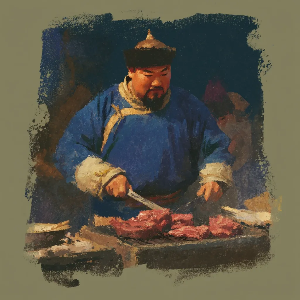 A digital painting depicts a man in traditional East Asian attire, possibly Mongolian or Chinese, meticulously grilling meat on a small open fire.  He wears a dark blue robe and a distinctive hat. The painting style is impressionistic, with visible brushstrokes and a textured background suggesting an outdoor setting.  The man's focused expression and the sizzled meat create a sense of warmth and culinary activity.