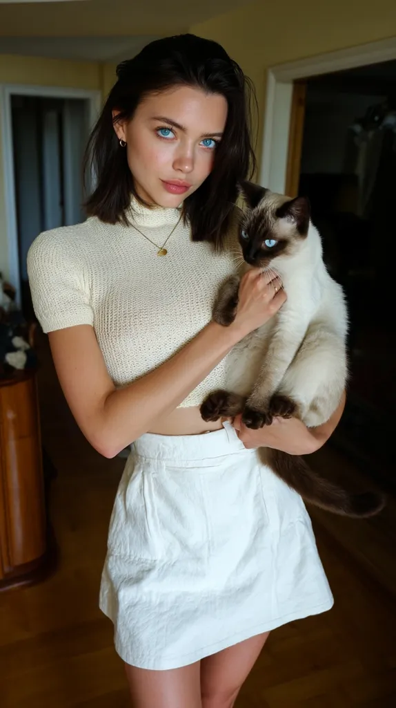 A young woman with shoulder-length dark hair and striking blue eyes holds a Siamese cat. She's wearing a cream-colored short-sleeved knit top and a white A-line mini skirt.  The setting appears to be a home interior, with wooden flooring and a glimpse of a doorway. The woman's expression is soft and gentle, and she seems comfortable holding her feline companion.