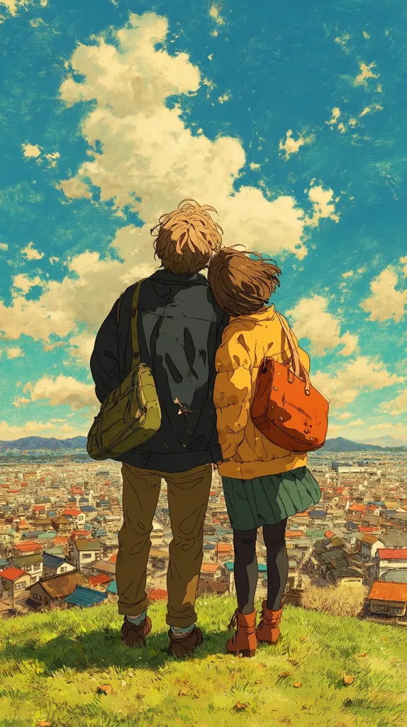 A young couple stands on a grassy hill overlooking a sprawling town under a bright, partly cloudy sky.  The boy wears a dark jacket and carries a green bag, while the girl sports a yellow coat and an orange satchel.  They stand close, shoulders touching, gazing out at the distant cityscape, creating a serene and heartwarming scene. The style is reminiscent of anime or manga artwork.