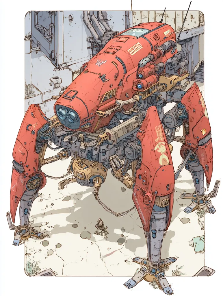 A detailed illustration showcases a vibrant red, six-legged robotic walker.  Its design blends organic and mechanical elements, featuring a large, cylindrical body packed with visible pipes and technological components.  The walker stands in a desolate, sandy area, possibly a post-apocalyptic or futuristic setting.  A small, human-like figure is seen in the distance, emphasizing the machine's immense scale. The artwork's style is reminiscent of comic book art with detailed linework and muted color palette.