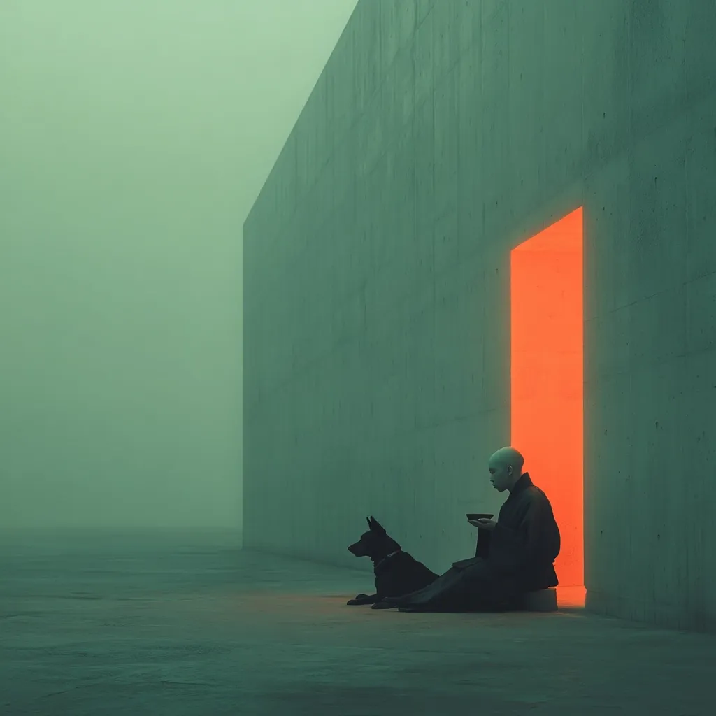 A bald, robed figure sits beside a black dog in front of a glowing orange doorway set into a large, grey concrete wall.  The scene is bathed in a muted green fog, creating a surreal and contemplative atmosphere. The figure holds a small bowl, suggesting a moment of quiet reflection or ritual. The stark minimalism of the setting emphasizes the solitary nature of the scene.