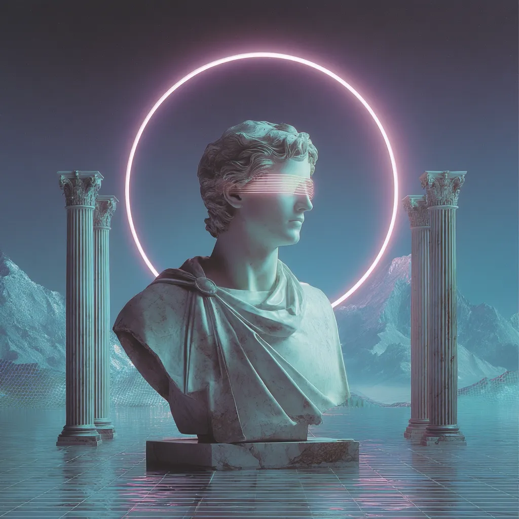 A classical marble bust, seemingly of a young man, is depicted with pink neon lines across its eyes. It stands on a reflective surface, flanked by two ancient Greek columns. A large pink neon ring haloes the bust, creating a surreal, futuristic atmosphere.  The backdrop features a stylized, synthwave-inspired landscape of mountains and a gridded plane, blending classical antiquity with modern aesthetics.