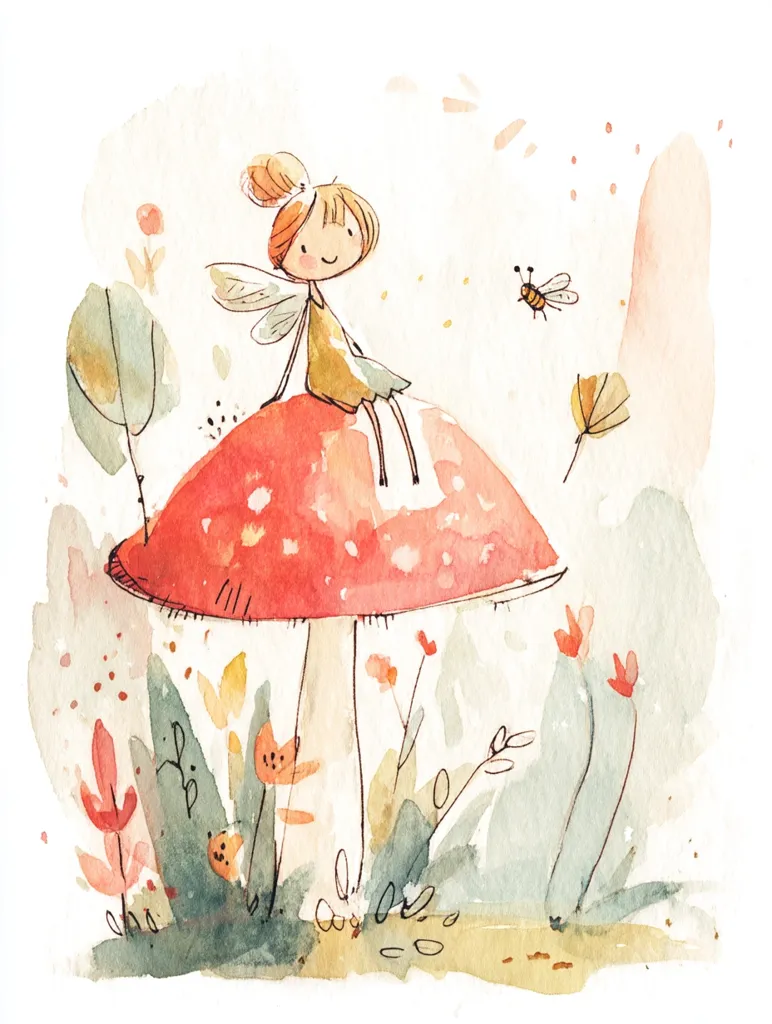 A whimsical watercolor painting depicts a fairy with delicate wings perched atop a vibrant red mushroom.  She sits serenely, observing a small bee nearby.  The mushroom is nestled amongst a soft, pastel-colored meadow of stylized flowers and foliage, creating a charming and enchanting scene.  The style is loose and expressive, emphasizing a childlike sense of wonder.