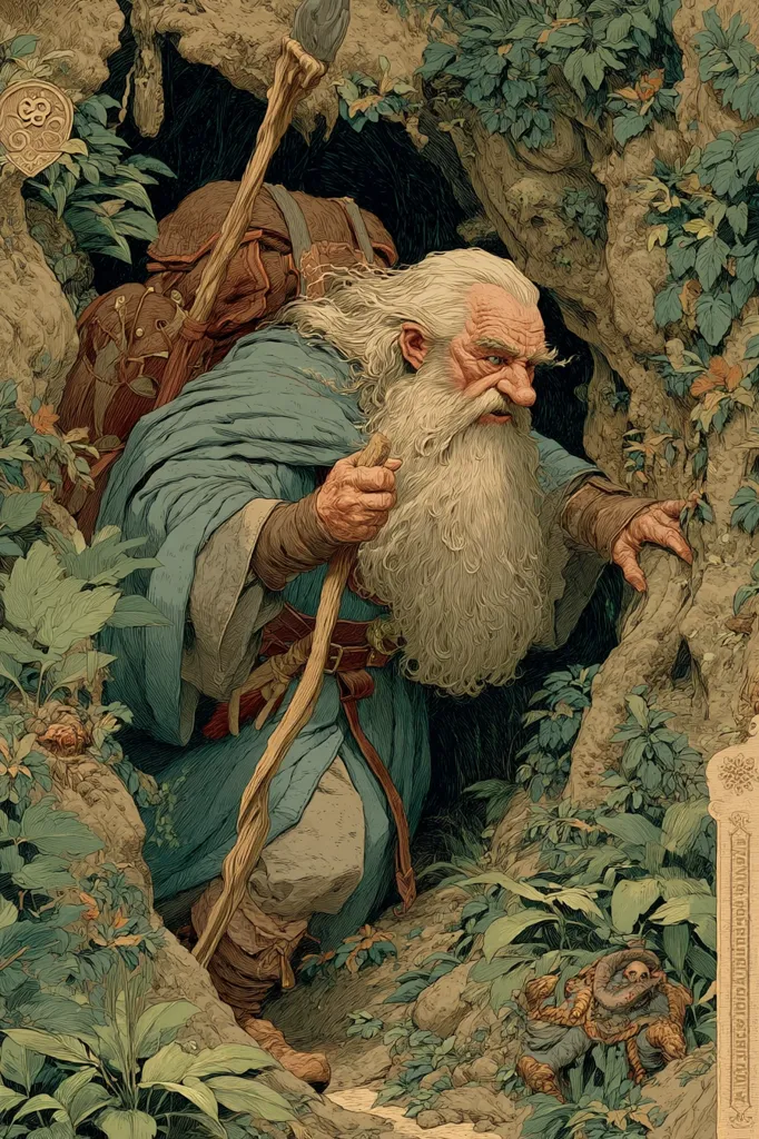 An aged, long-bearded wizard, clad in a blue robe and carrying a staff and pack, cautiously emerges from a dark cave.  Lush green foliage surrounds the entrance.  The wizard's weathered face and determined expression suggest a journey of significance. A small creature, possibly a goblin, is partially hidden in the undergrowth nearby.  The scene is rendered in a detailed, almost painterly style.