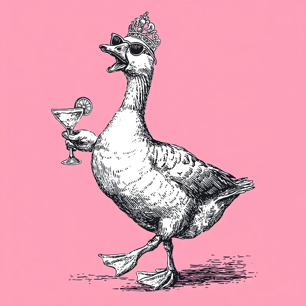 A stylish goose, adorned with sunglasses and a crown, stands elegantly on a pink background.  The goose holds a margarita in one webbed foot, exuding a sophisticated and humorous air. The detailed ink drawing showcases a whimsical blend of regal attire and avian charm.  The image is playful and unexpected, suggesting a carefree, celebratory mood.