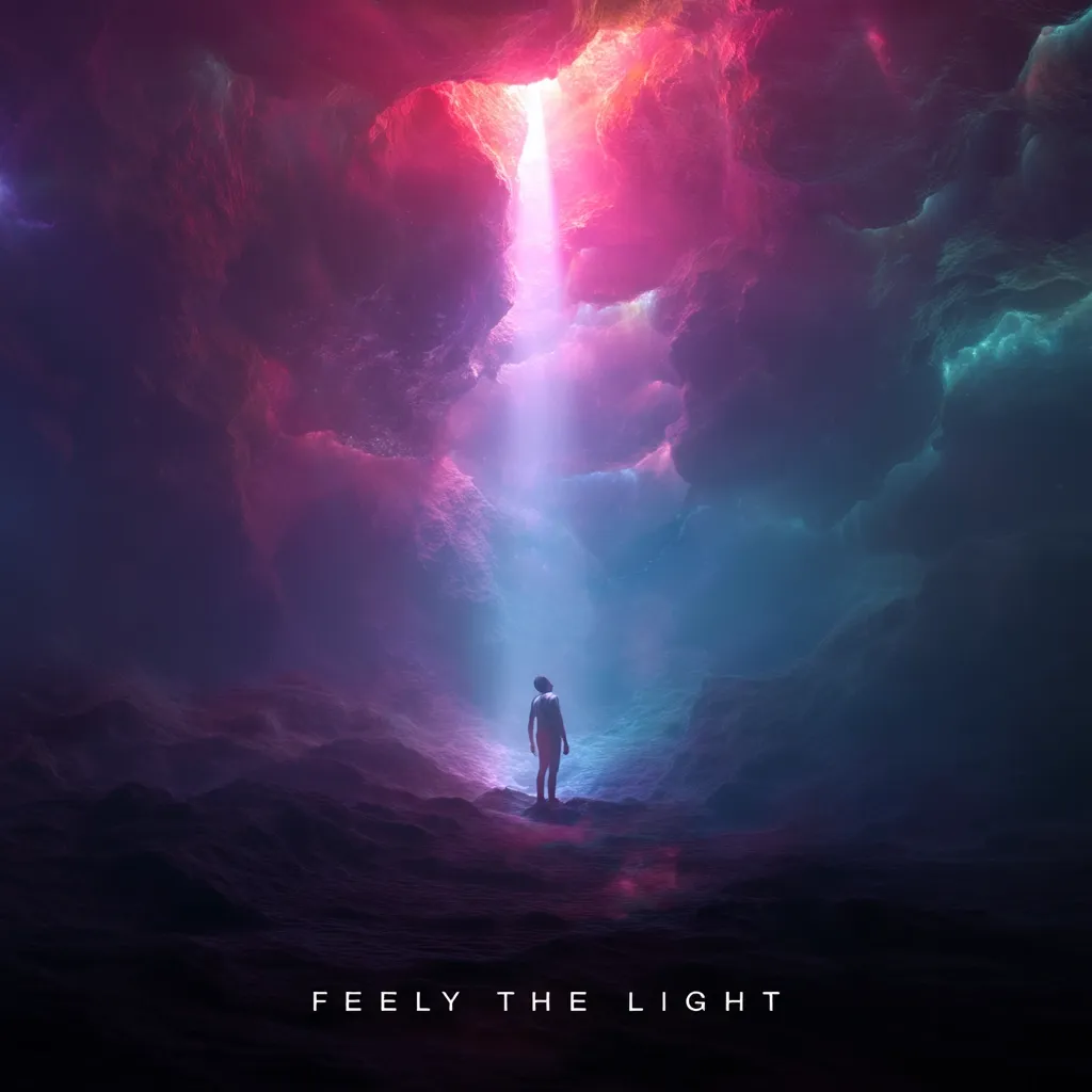 A lone figure stands in a cavernous landscape bathed in ethereal, pink and blue light.  A beam of light pierces the cavern's ceiling, illuminating the scene. The atmosphere is surreal and dreamlike, suggesting a mystical or spiritual journey. The text "FEELY THE LIGHT" is subtly placed at the bottom, enhancing the image's contemplative mood.