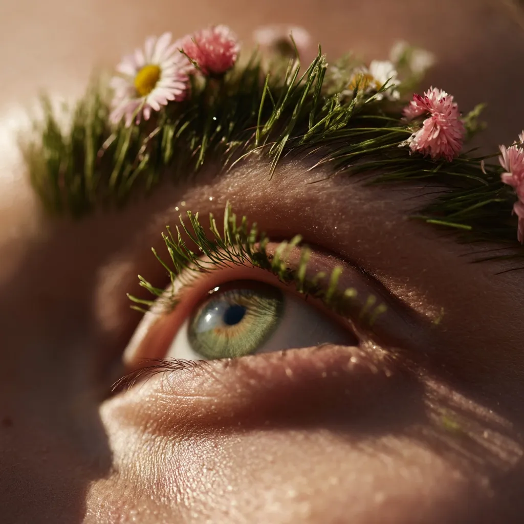 Close-up of a person's eye adorned with delicate wildflowers and grass.  The green eye gazes upward, framed by blades of grass acting as eyelashes and eyebrows.  Tiny pink and white flowers are nestled amongst the greenery, creating a whimsical, nature-inspired look.  The skin appears sun-kissed and soft.