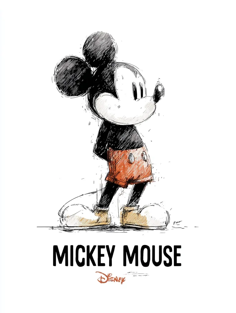 A stylized sketch of Mickey Mouse is presented.  Drawn in a loose, sketchy style with visible pencil strokes, he's depicted in profile, his classic outfit of shorts and shoes rendered in muted colors.  The image is minimalist, with a white background and the words "Mickey Mouse" prominently displayed below, alongside the Disney logo.  The overall feel is playful yet sophisticated.