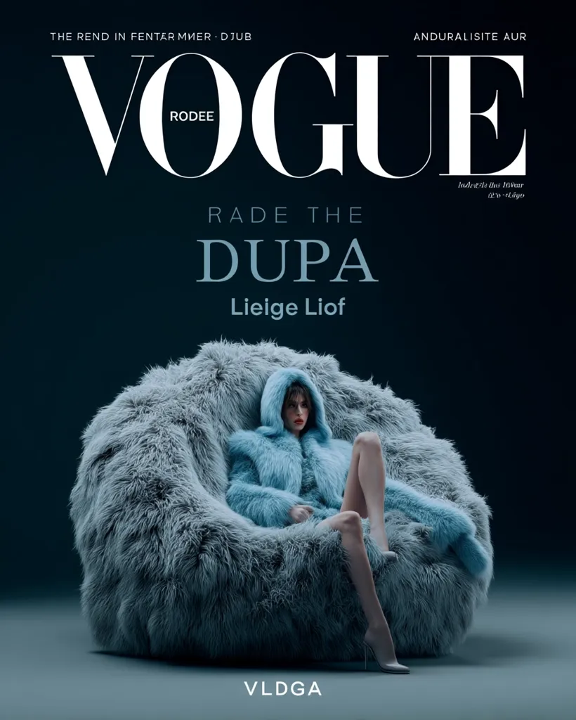 A Vogue magazine cover features a model in a light blue fur coat, seated in a large, fluffy, light blue chair. The title "Vogue" is prominently displayed, along with smaller text including "Rade the Dupa" and "Lieige Liof".  The overall aesthetic is minimalist and luxurious, emphasizing the texture of the fur and the model's pose.
