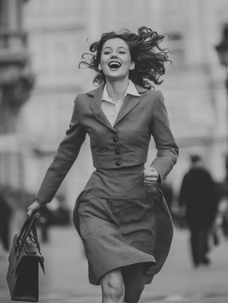 A black and white photo of a joyful woman in a vintage-style suit running down a city street.  Her hair flows behind her as she carries a briefcase, her mouth open in a wide, happy smile. The background is blurred, suggesting movement and a feeling of freedom. The overall tone is one of carefree happiness and success.