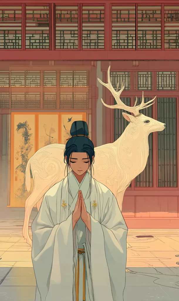 A serene illustration depicts a person in flowing white robes, hands clasped in prayer, standing before a large, stylized white deer.  The setting is a traditional East Asian courtyard, with intricate wooden architecture and screens visible in the background.  The overall style is soft, with warm, muted tones and a peaceful atmosphere. The deer and the person share a gentle, almost spiritual connection.
