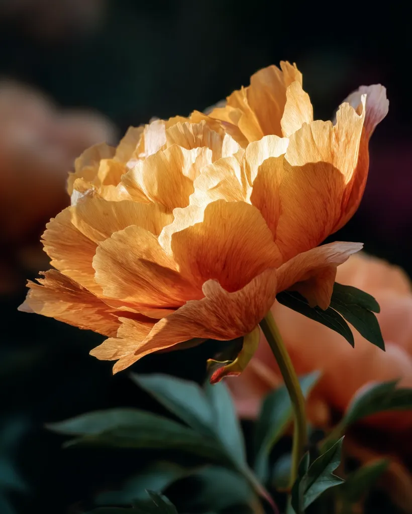 A close-up reveals a single, luminous peach-colored peony in bloom.  Backlit by sunlight, its delicate petals display a gradient of warm orange hues.  The flower's stem and deep green foliage provide a stark contrast against the dark background, creating a dramatic, almost ethereal effect.  Other peonies are softly blurred in the background, drawing focus to the central blossom.