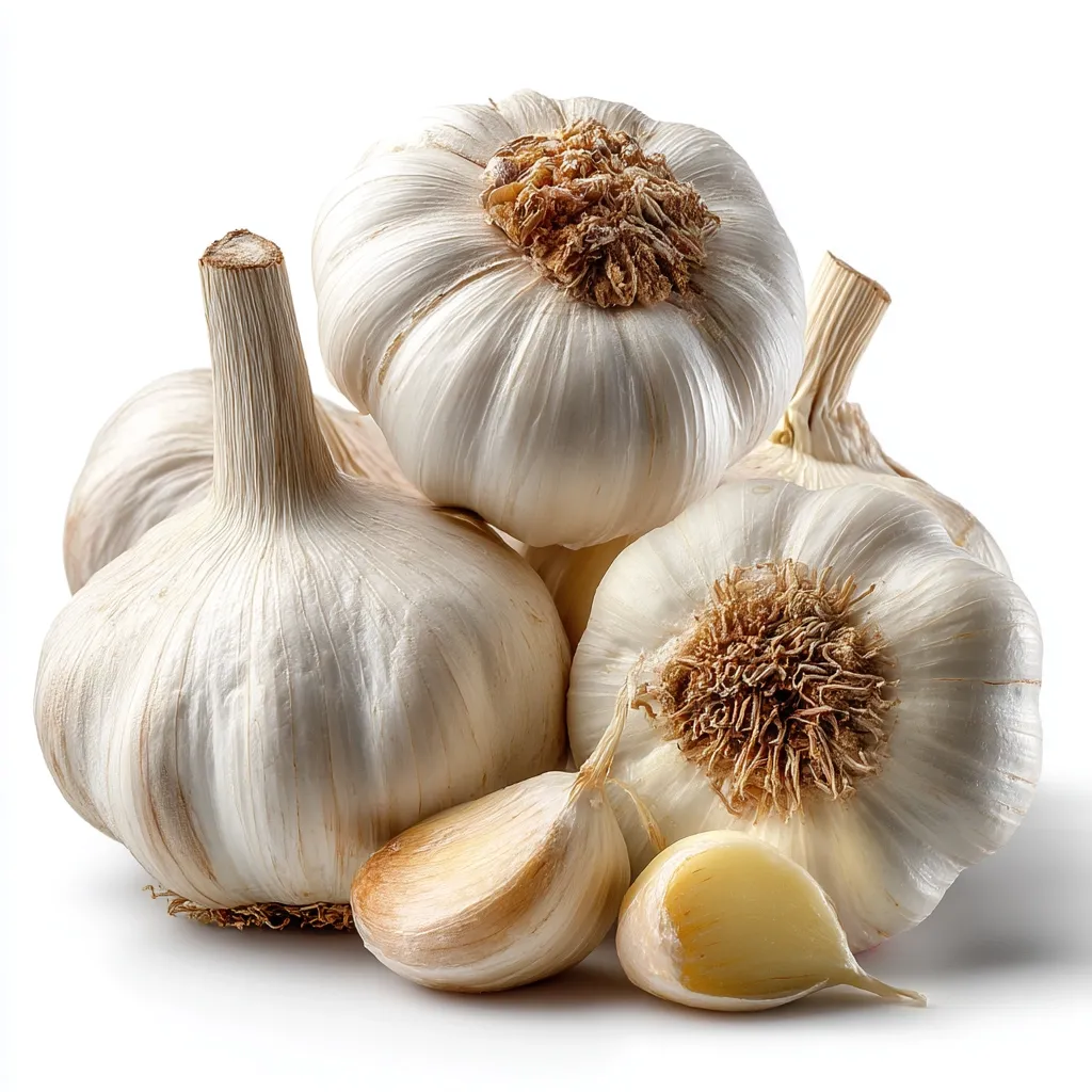 A cluster of four whole garlic bulbs and two separated cloves are displayed against a bright white background.  The bulbs are creamy white with papery skins and noticeable brown tops.  The cloves show the characteristic pale yellow interior.  The image emphasizes the texture and color of the garlic, highlighting its fresh appearance.