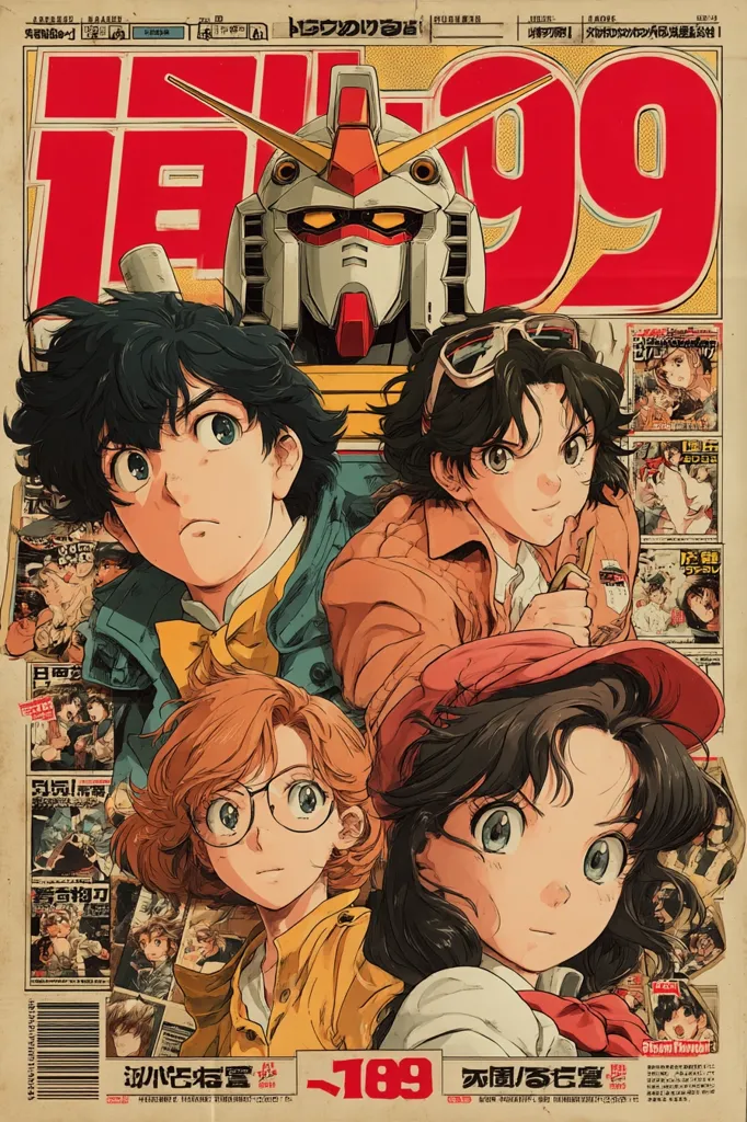 A retro-style illustration features four anime characters against a backdrop of a newspaper-style design.  The prominent number "1999" is displayed in bold red, along with a mecha robot reminiscent of Gundam. The characters, three boys and one girl, are styled in a vintage aesthetic, their expressions conveying a mix of seriousness and determination.  The overall mood is nostalgic, suggesting a homage to classic anime.