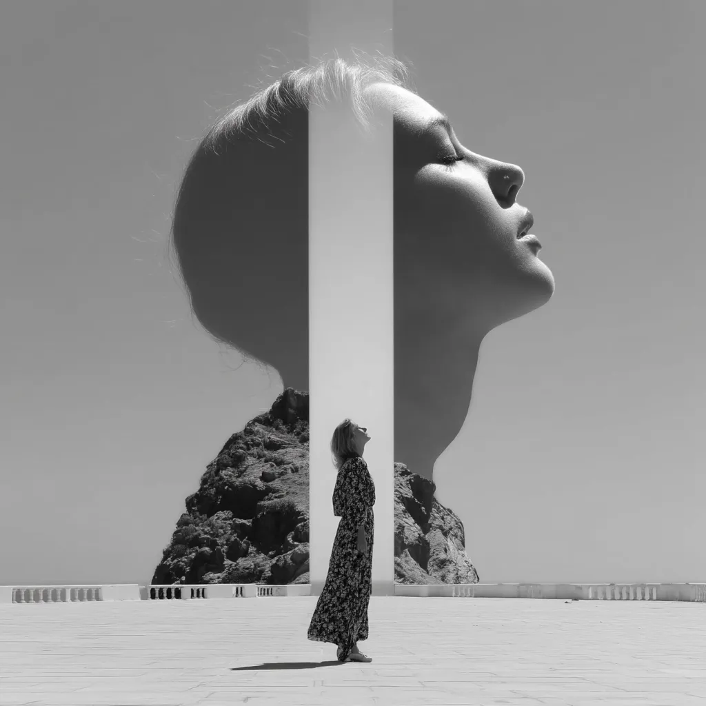 A black and white surreal image depicts a woman standing before a colossal head, split by a vertical beam of light. The head, seemingly composed of a rocky landscape, dominates the background.  The smaller woman, dressed in a long patterned dress, looks upwards, creating a juxtaposition of scale and inner/outer self. The overall mood is contemplative and dreamlike.