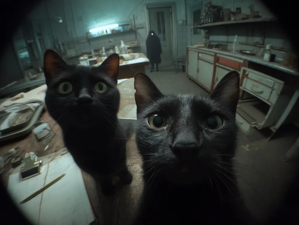 Two black cats stare intently at the camera in a dimly lit, abandoned-looking room.  The fisheye lens distorts the perspective, emphasizing the cats' large eyes.  A shadowy figure is visible in the background, adding to the eerie atmosphere of the scene.  Old cabinets and laboratory equipment are scattered around the room.