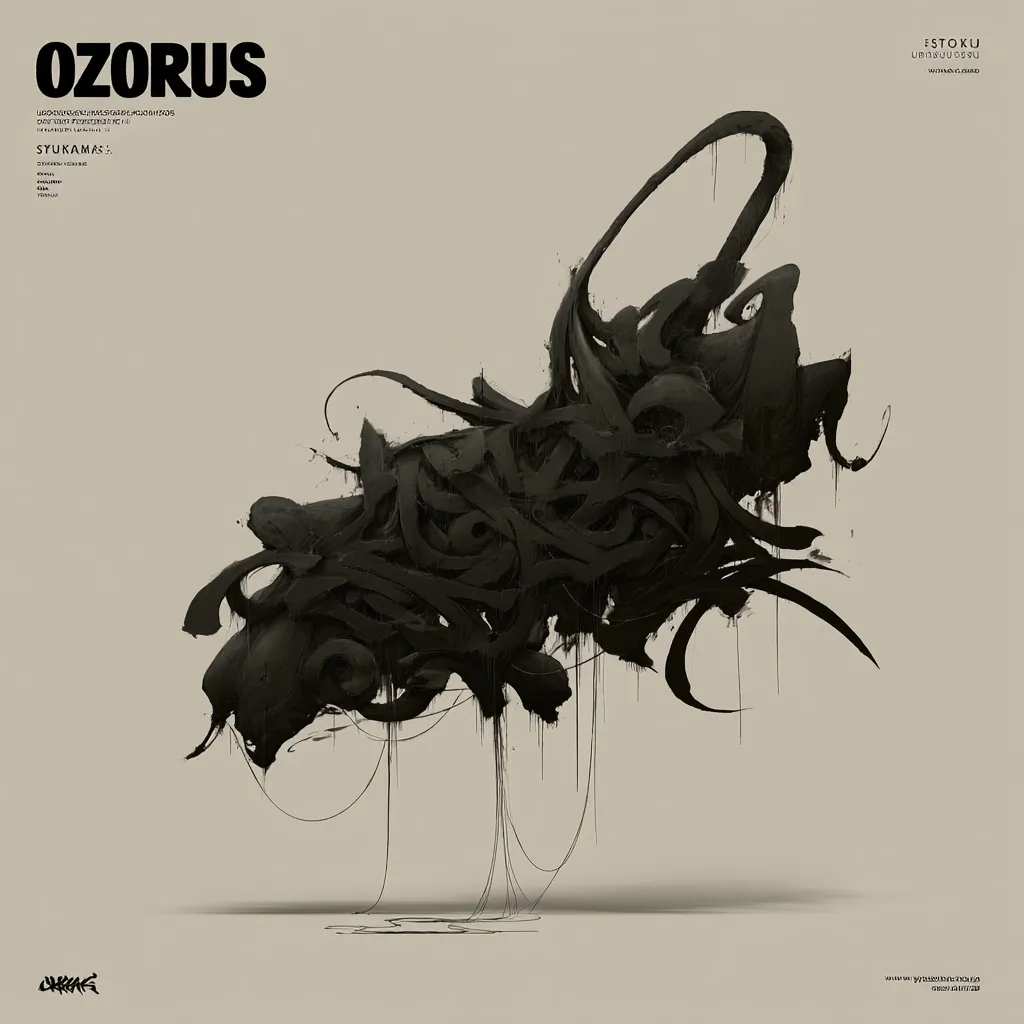 The artwork features a large, abstract, black mass resembling a stylized cloud or creature.  Intricate, interwoven lines and shapes form its body, suggesting a sense of movement and chaos.  Thin, dark tendrils hang down from the main form, creating a dramatic visual effect against a muted beige background. The title "OZORUS" is prominently displayed, along with artist and exhibition information. The overall aesthetic is dark, moody, and expressive.