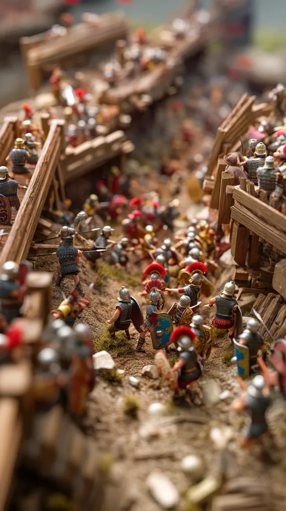 A detailed diorama depicts a Roman battle scene.  Miniature Roman soldiers clash amidst the wreckage of wooden siege structures.  The scene is densely packed with figures engaged in hand-to-hand combat, showcasing weaponry and shields. The diorama’s fine detail and realistic portrayal of the battle create a captivating miniature world.
