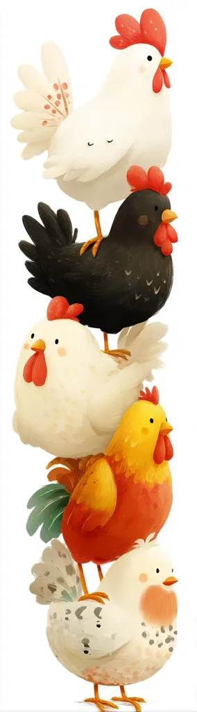 A stack of five charmingly illustrated chickens, each with unique plumage.  A white hen tops the pile, followed by a black hen, a white hen, an orange rooster, and finally a speckled hen at the bottom.  The vibrant colors and cute expressions create a playful and whimsical image.