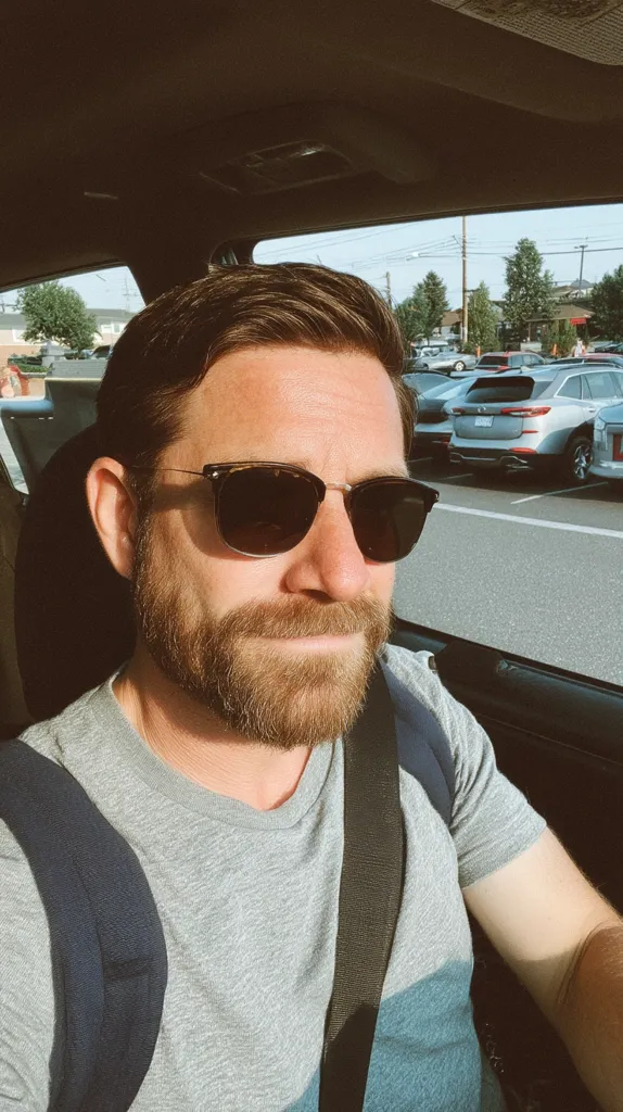 A man with a full beard and sunglasses sits in a car, wearing a grey t-shirt and seatbelt.  Sunlight illuminates his face.  He appears relaxed.  Cars are parked in a lot visible through the car window. The overall mood is casual and serene.