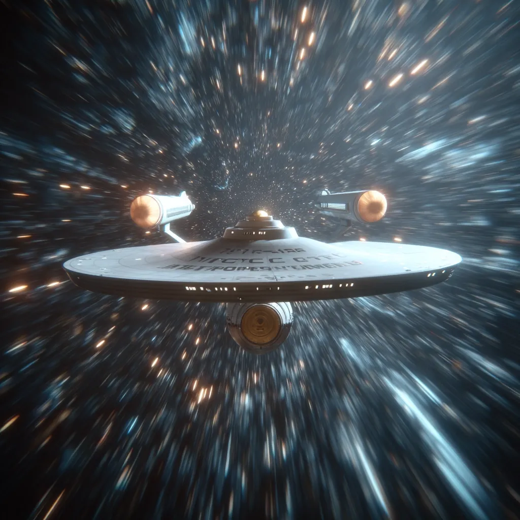 A starship, reminiscent of the USS Enterprise from Star Trek, is depicted in warp speed.  Streaks of light and stars blur past as the vessel travels at incredible velocity through space. The ship's saucer section and nacelles are clearly visible, its registry number prominently displayed. The image evokes a sense of speed and interstellar travel.