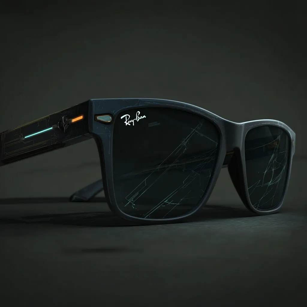 A close-up shot reveals a pair of damaged Ray-Ban sunglasses.  The dark frames feature a futuristic design element along the temple, with a teal accent.  The lenses are cracked, showing a spiderweb of fissures across the surface. The overall aesthetic is dark and slightly dystopian.  The sunglasses rest on a dark, indistinct surface.