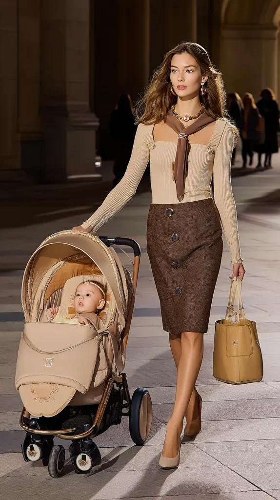 A stylish woman in a beige sweater and brown skirt pushes a beige stroller with a baby inside.  She carries a light brown handbag.  The scene is set outdoors, possibly a fashion show, with a blurred background suggesting an architectural setting.  The overall aesthetic is sophisticated and elegant.