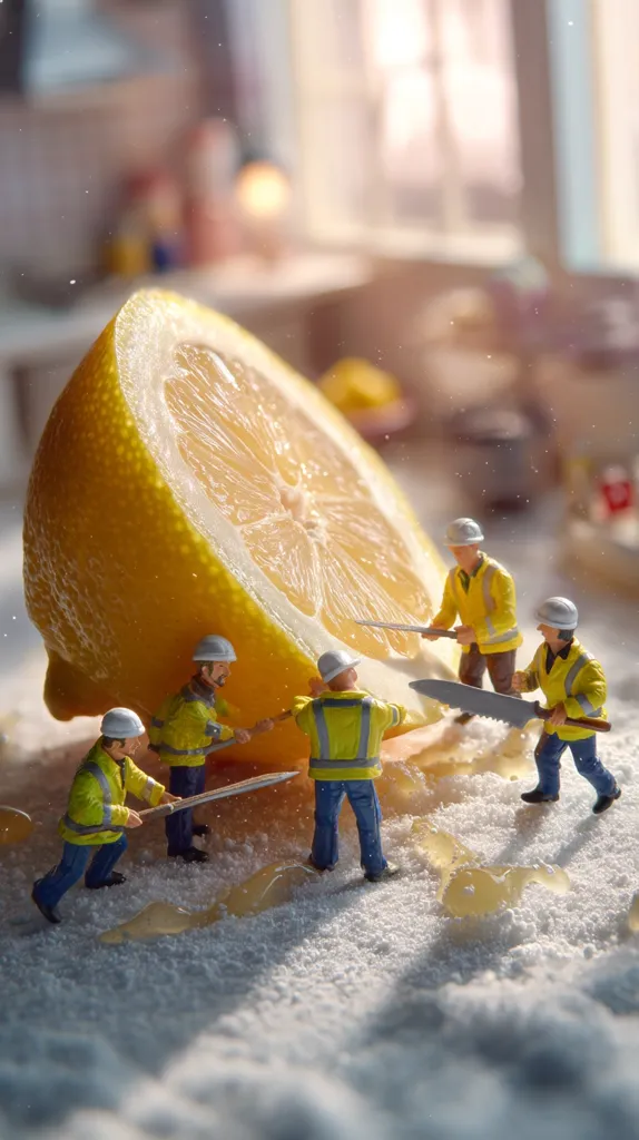 Miniature construction workers, clad in bright yellow safety vests, diligently work on a colossal lemon slice.  They wield tiny tools, seemingly carving or extracting segments from the fruit.  The scene is set on a snowy, powdered surface, creating a whimsical contrast between the miniature figures and the oversized citrus.  The background is a softly blurred kitchen setting, adding to the surreal and playful nature of the image.