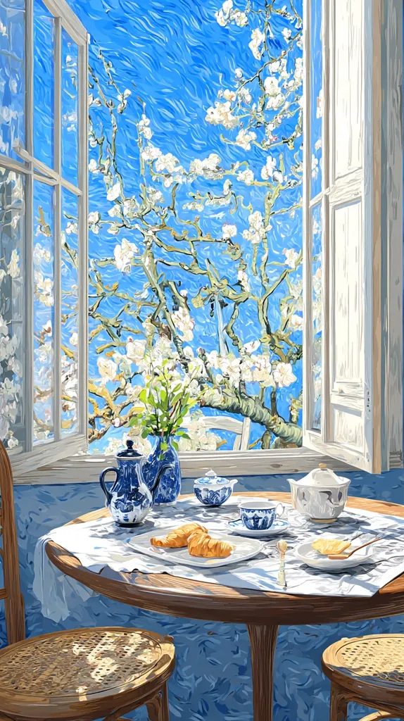 A sunlit room features an open window showcasing a vibrant almond blossom tree against a bright blue sky, painted in an Impressionistic style.  A small round table sits near the window, set for a light breakfast of croissants, tea, and pastries. Blue and white china adds a touch of elegance to the scene, bathed in warm sunlight streaming through the window. Two wicker chairs complete the tranquil breakfast setting.
