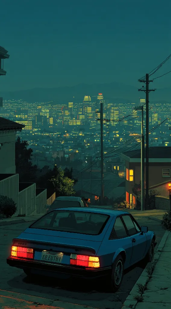 A nighttime scene depicts a blue coupe parked on a residential street overlooking a sprawling city.  The city lights twinkle in the distance, creating a warm contrast against the cool tones of the night. Power lines stretch across the image, adding to the atmospheric ambiance. The overall style is reminiscent of pixel art or a digital painting with a retro feel.  The car's taillights glow softly, adding a touch of realism to the stylized scene.