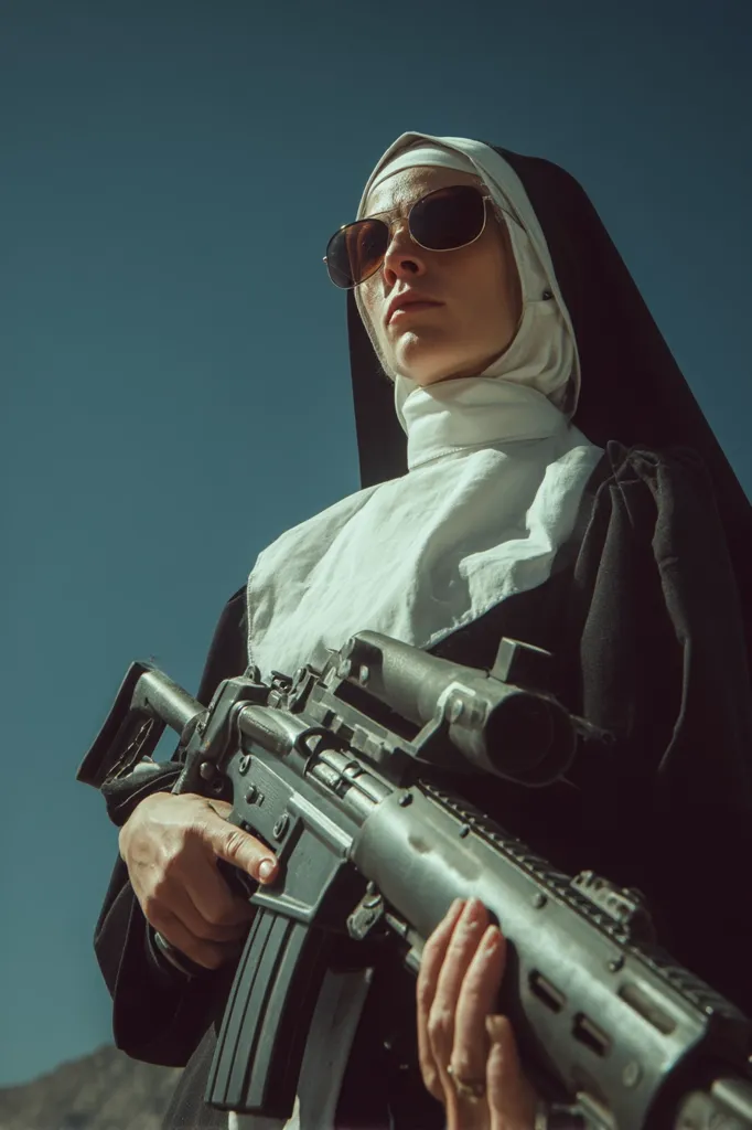 A nun, clad in a traditional black habit and white wimple, sports aviator sunglasses.  She grips a powerful assault rifle, her serious expression conveying a sense of determination and perhaps unexpected power. The stark contrast between her religious attire and the weapon creates a striking and unsettling image against a clear blue sky.  The scene suggests a narrative of conflict or defiance.