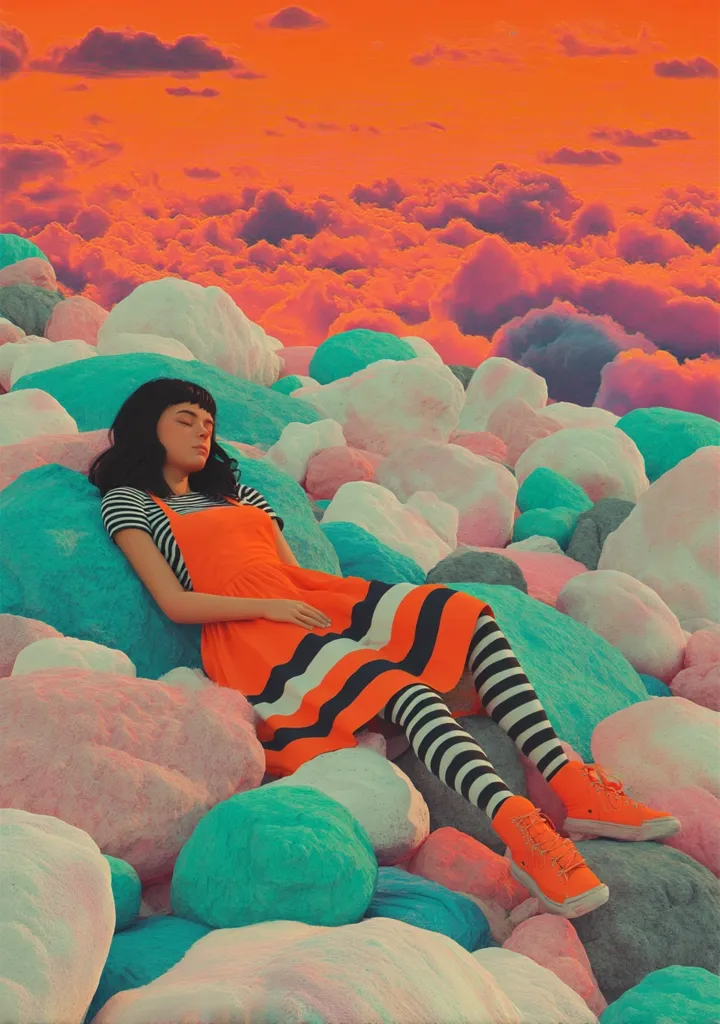A young woman with dark hair and bangs lies asleep amidst a whimsical landscape.  She wears a striped orange and white dress and black and white striped stockings, orange sneakers.  The background is a vibrant orange sunset over a sea of clouds, while she rests on a collection of large, pastel-colored rocks, creating a surreal and dreamlike scene.