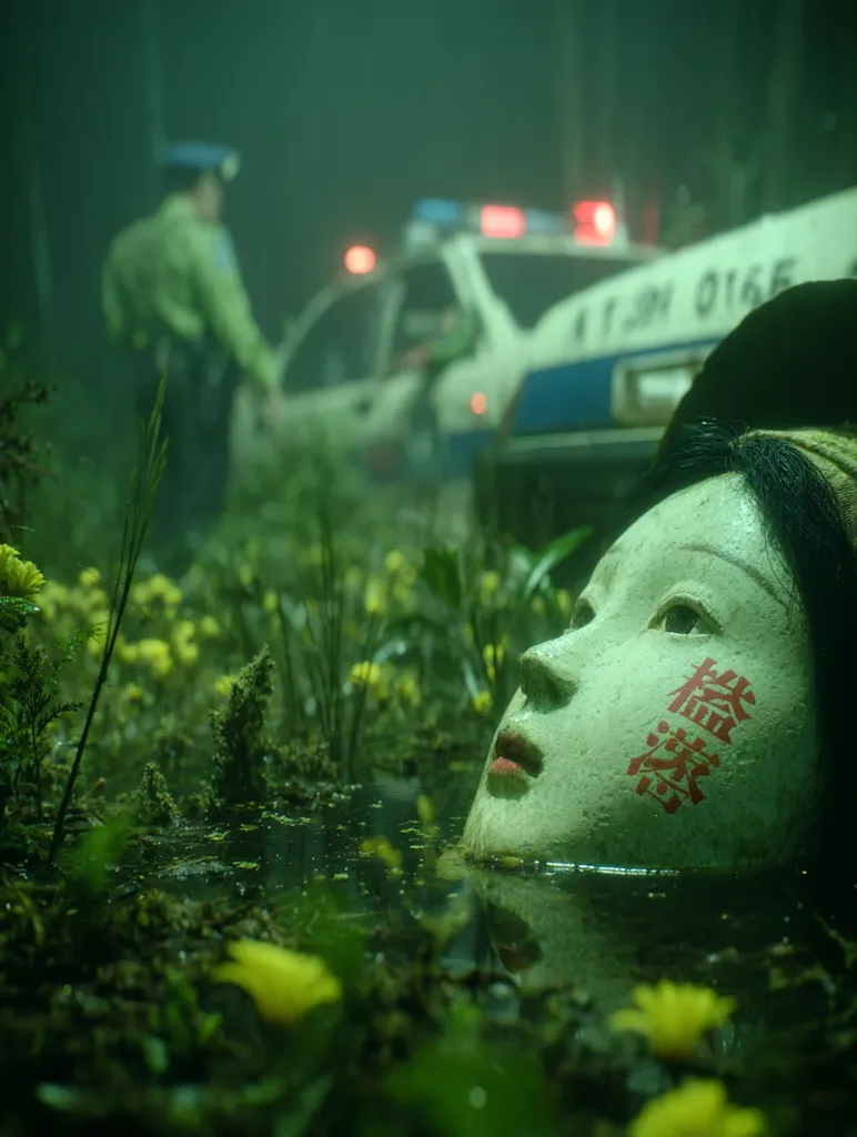 A woman's mask, partially submerged in murky swamp water, features red kanji script on its cheek.  Yellow wildflowers surround the scene. In the background, a police officer stands near a police car with flashing lights, suggesting a crime scene. The overall atmosphere is dark, mysterious, and unsettling.