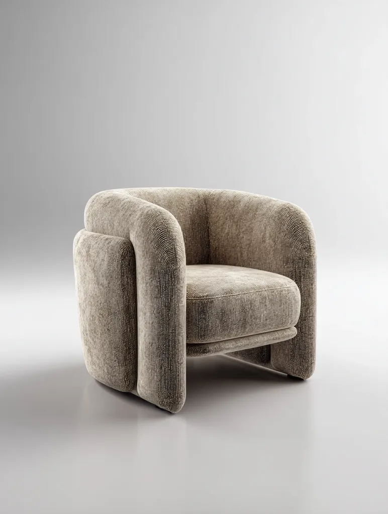 A modern armchair, upholstered in a textured taupe fabric, stands on a minimalist white background.  Its rounded silhouette features distinct, thick armrests and a plush seat cushion. The fabric's subtle ribbed texture adds visual interest. The chair's design is simple yet elegant, suggesting comfort and contemporary style.