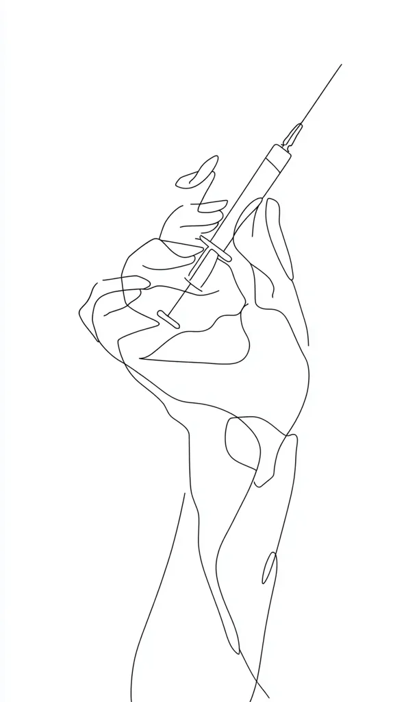 A minimalist line drawing depicts two hands delicately holding a syringe. The continuous line style creates a sense of fluidity and grace. The image is simple yet evocative, suggesting themes of care, medicine, or perhaps vulnerability.  The clean lines and white space emphasize the subject, leaving room for interpretation.