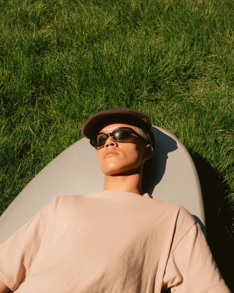 A young man with short hair lies on a gray surfboard in a sun-drenched grassy field. He wears a dark brown newsboy cap, black sunglasses, and a light peach-colored oversized t-shirt. His eyes are closed, suggesting relaxation and enjoyment of the warm weather.  The sunlight bathes him and the scene in a warm golden hue.